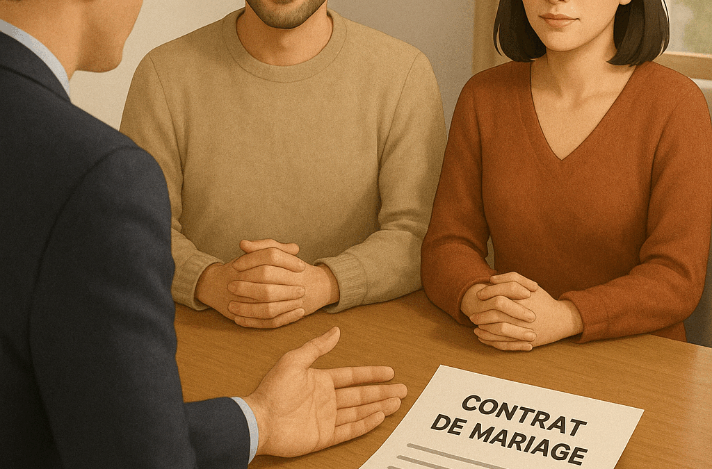 Epoux choisissant leur régime matrimonial chez le notaire.