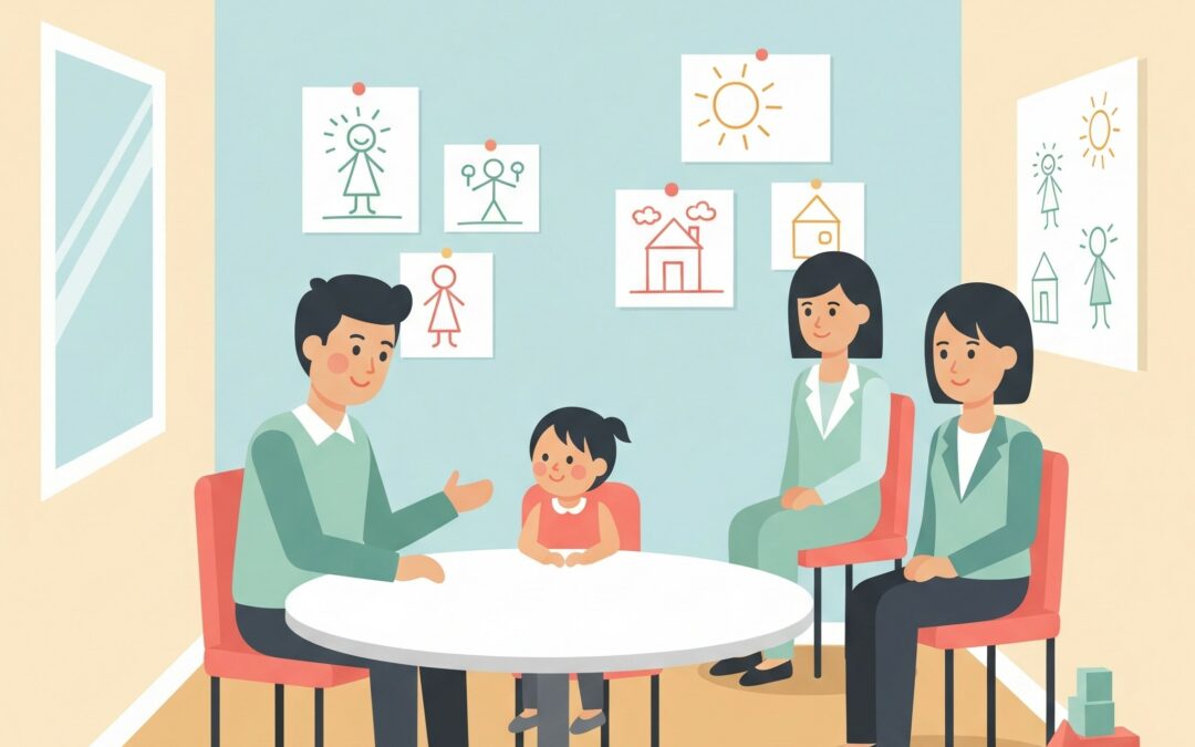 Parent rencontrant son enfant en espace rencontre sous la supervision d'éducateurs et de psychologues
