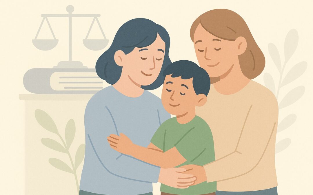 Un adulte pose une main protectrice sur l’épaule d’un enfant dans un cadre familial calme, illustrant l’adoption de l’enfant du conjoint et la création d’un lien parental sécurisé.