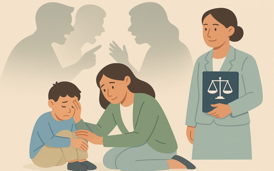 Un juge examine un dossier de violences conjugales pendant qu’un enfant est pris en charge dans un espace sécurisé, illustrant la protection judiciaire des mineurs.