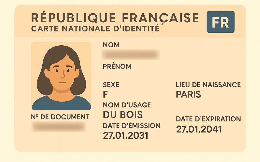 Carte d'identité d'une femme indiquant son nom d'épouse en nom d'usage